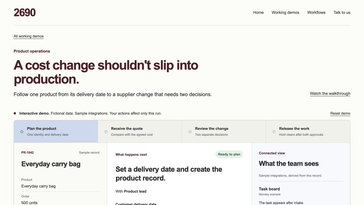 Screenshot of the product operations demo with a product record, delivery date, and approval workflow
